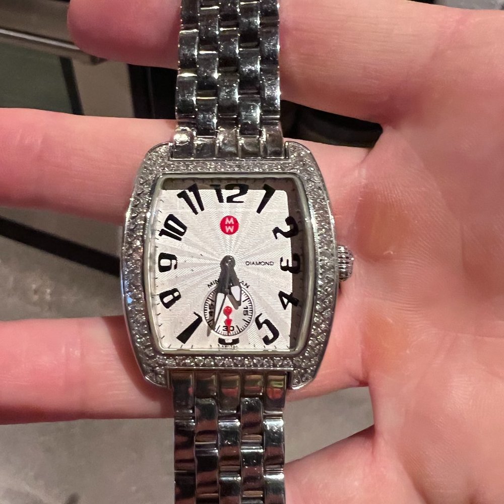 Michele Urban Mini Watch, Stainless Steel Diamond Bezel, Silver Dial